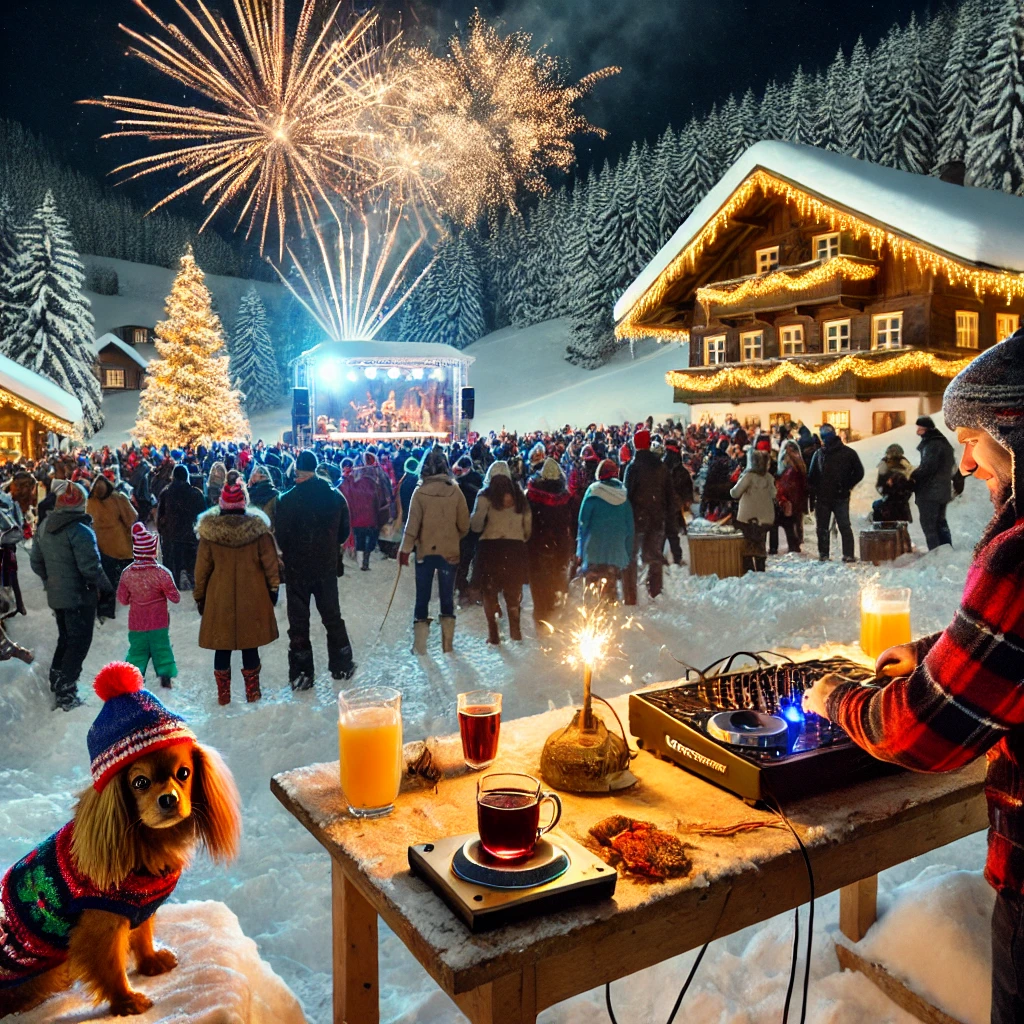 A-snowy-village-square-in-the-Black-Forest-at-night-illuminated-by-a-spectacular-fireworks-display.-People-are-celebrating-with-mulled-wine-and-color